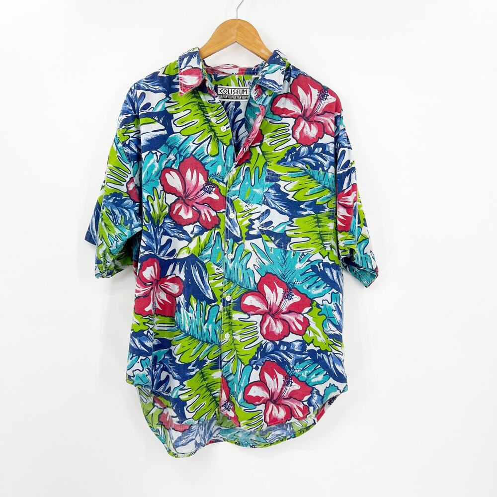 Vintage 90s Coliseum Tropical Retro Button Down Cotton Size Medium